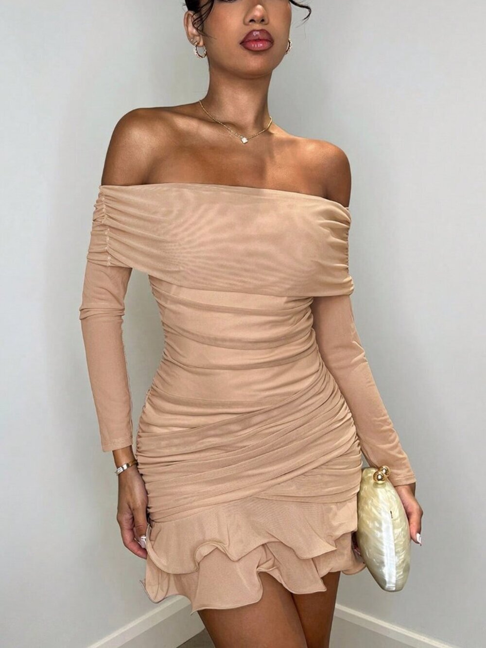 Khaki Women's Mesh Ruched Off-Shoulder Long Sleeve Ruffle Hem Sweet Mini Dress